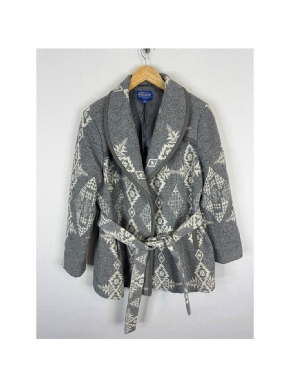 Pendleton Grey White Harding Wool Wrap Coat Shawl Collar Belted Jacket Large